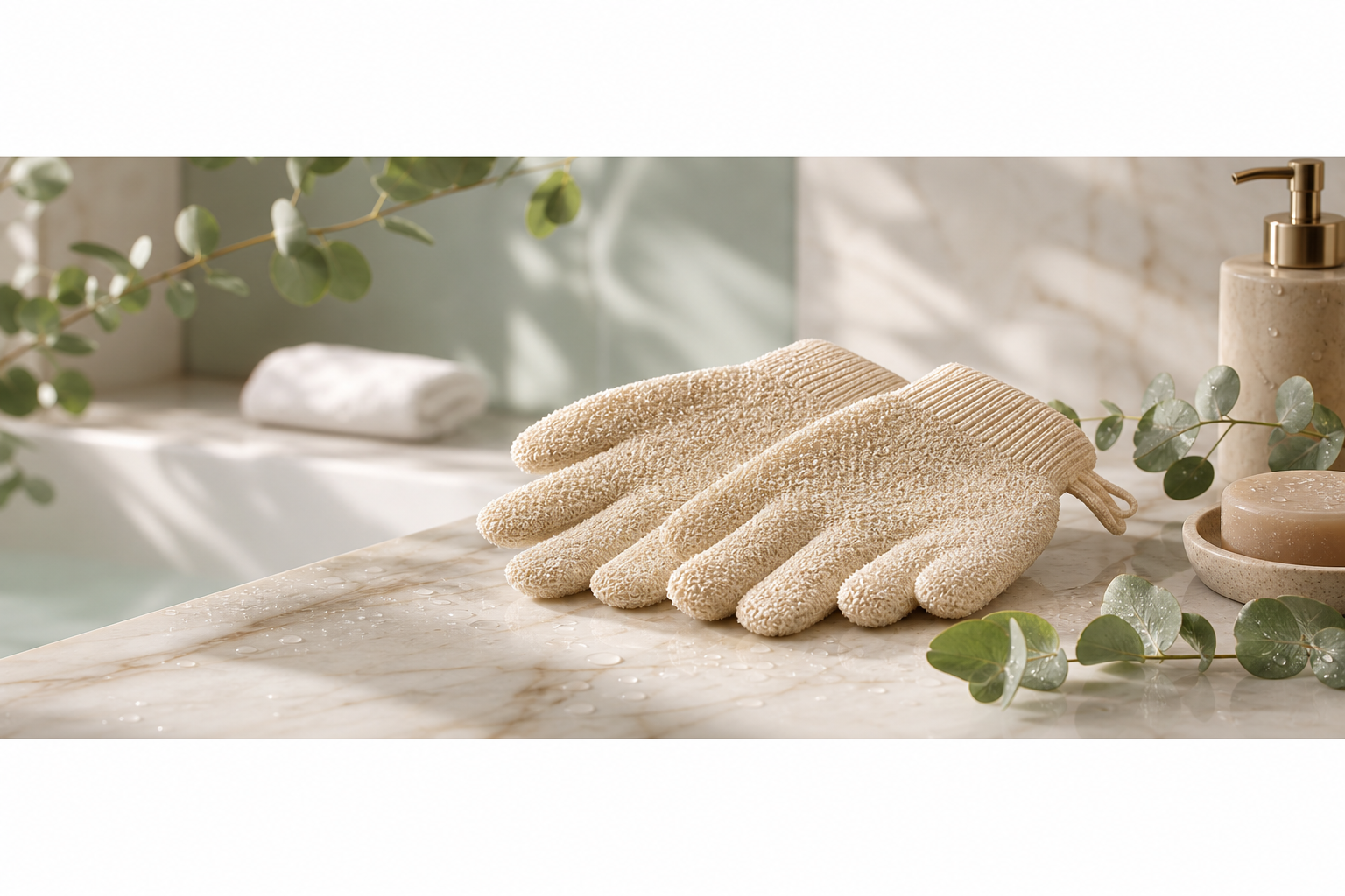Guantes exfoliantes SkinGlo en ambiente spa