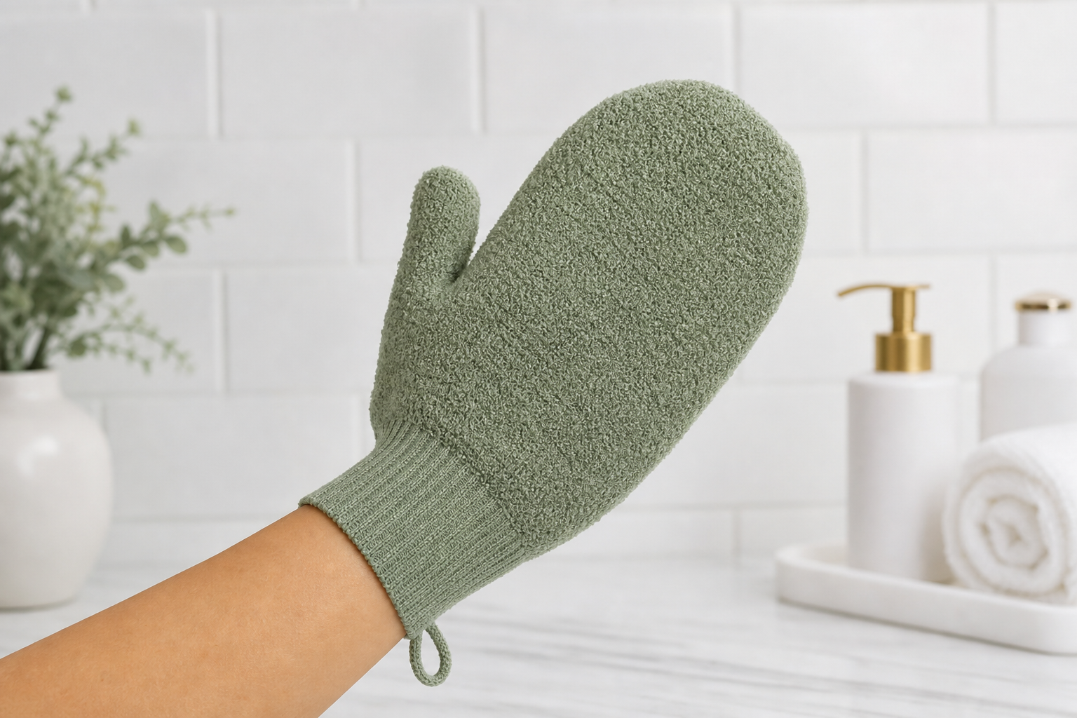 Guante exfoliante verde salvia puesto en la mano