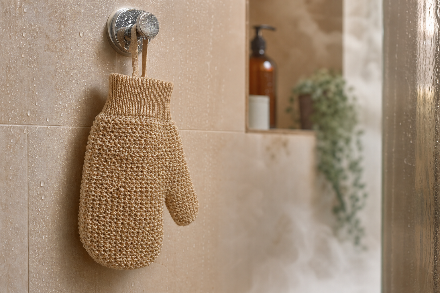 Guante exfoliante colgado en la ducha
